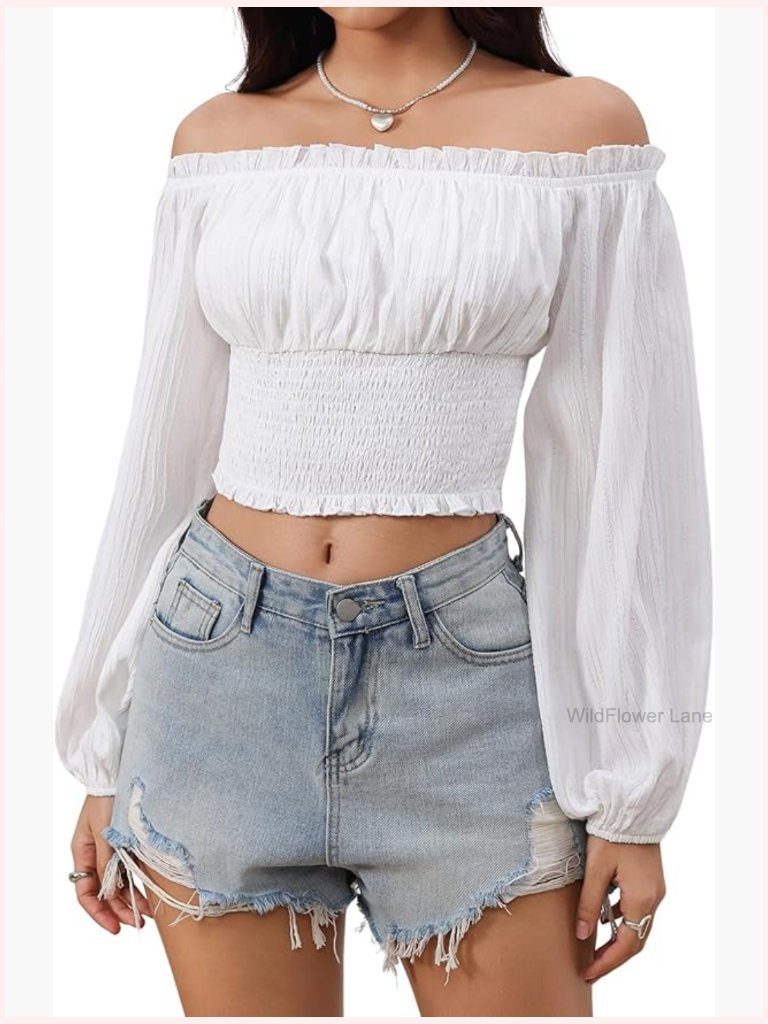 Off Shoulder Crop Top Long Sleeve Blouse Women's Renaissance Pirate Shirt